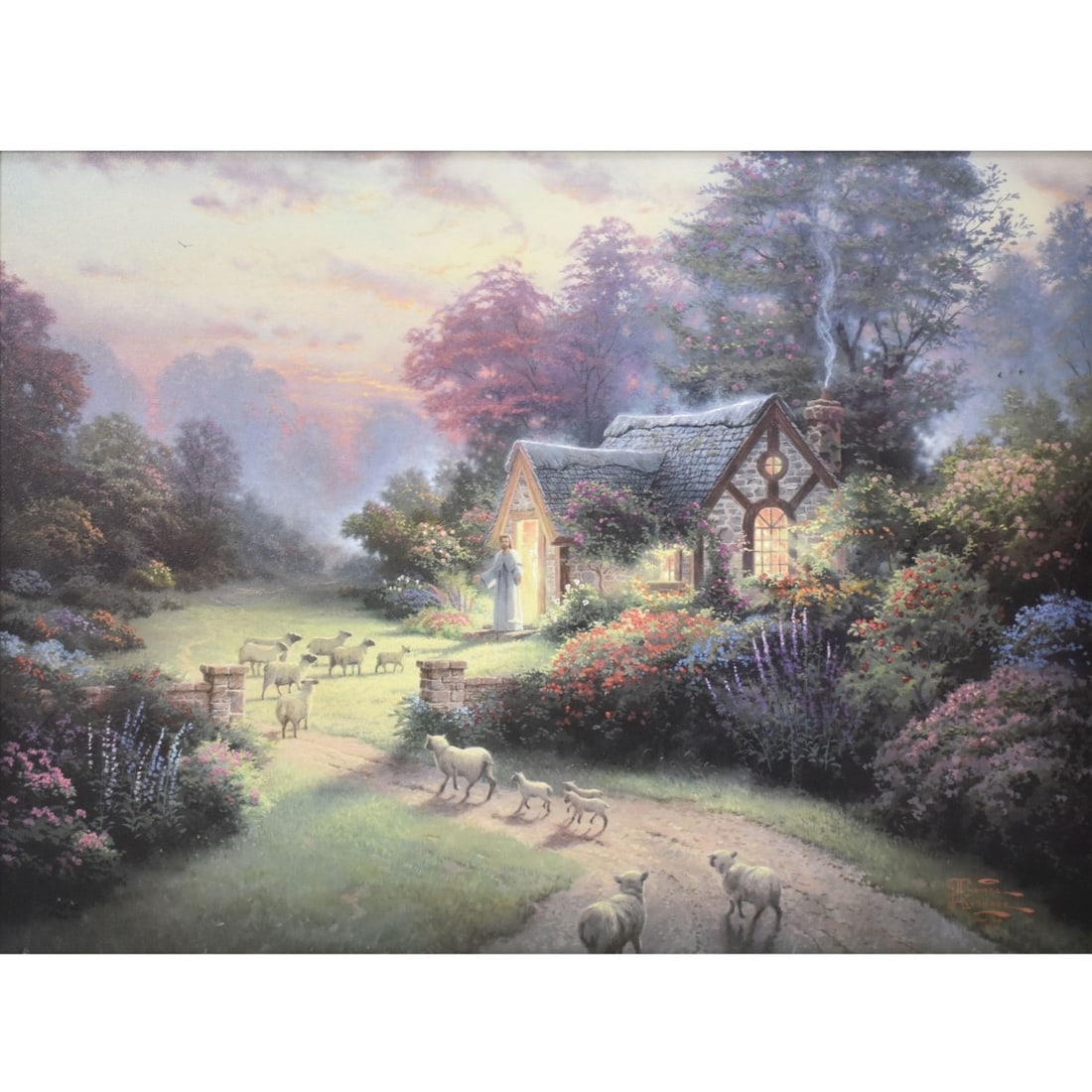 Thomas Kinkade, American (1958-2012): Thomas Kinkade, American (1958-2012) "The Good Shepards Cottage" Enhanced lithograph on canvas. Affixed plate to front of frame. Numbered "1556/2950" Stretcher measures: 25" high, 34" wide, frame