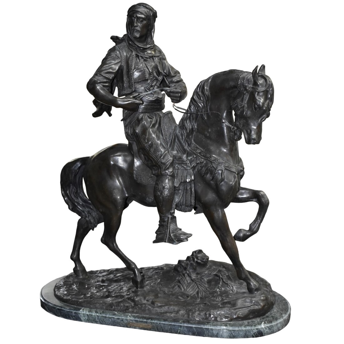 After: Alfred Barye, French (1839 - 1882): After: Alfred Barye, French (1839 - 1882) "Cavalier Arabe" (Arab Huntsman on Horseback) Orientalist figurative patinated bronze sculpture of an Arab horseman with his gear. 20th century. Signed