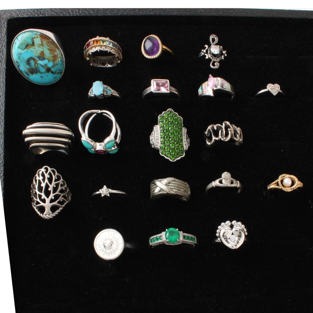 Sterling Rings: Collection of Twenty (20) Sterling Silver Rings. Variously accented with color stones, hardstones, pearl and faux diamonds. Ring sizes 4-3/4-12. Approx. total weight: 102.70 grams. Kodner Galleries