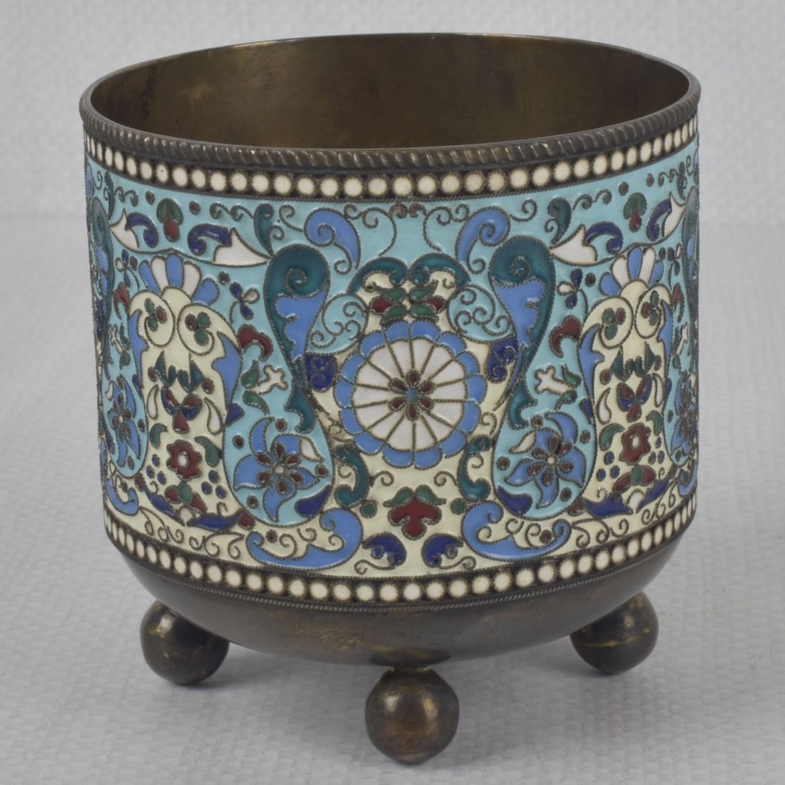 Russian 84 Silver Gilt and Cloisonne Enamel Cup: Russian Gustav Klingert 84 Silver Gilt and Cloisonne Enamel Cup with Gold Wash. Circa 1900. Properly marked to the bottom as well as "84" with warrant to the bottom. Measures: 3-1/4" high, 3-1/8" diam