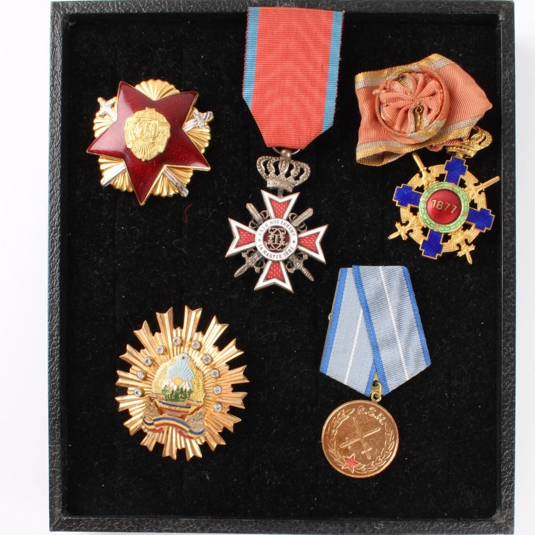 Vintage War Medals and Decorations: Five (5) Vintage War Medals and Decorations. 1. Romania Order for Distinguished Service in Defense of the Social Order and the Country. 2. Romania Commander`s Cross, 2nd Model with Crown Suspension