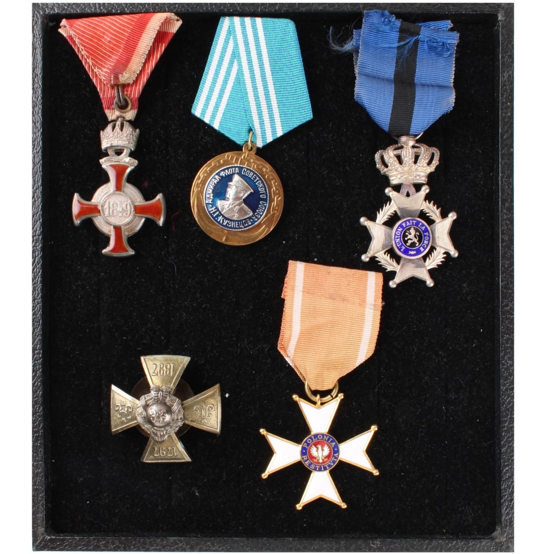 Vintage War Medals and Decorations: Vintage War Medals and Decorations. 1. Belgium Order of Leopole II Class V with Crown Suspension and Silk Grosgrain Ribbon. 2. Russian Nesviah Grenadier Regiment Badge to Commemorate 100 years. 3. Adm