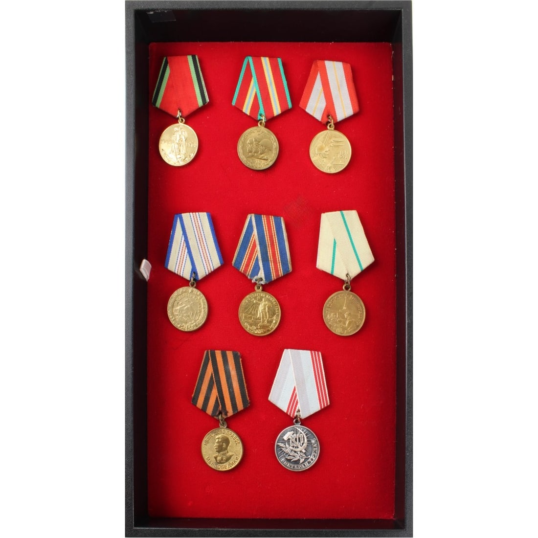 Vintage War Medals and Decorations: Eight (8) Vintage Russian Vintage War Medals and Decorations with Silk Grosgrain Ribbons. 1. For the Defense of Leningrad 1942. 2. For the Defense of Caucasus. 3. For the Victory over Germany in the G