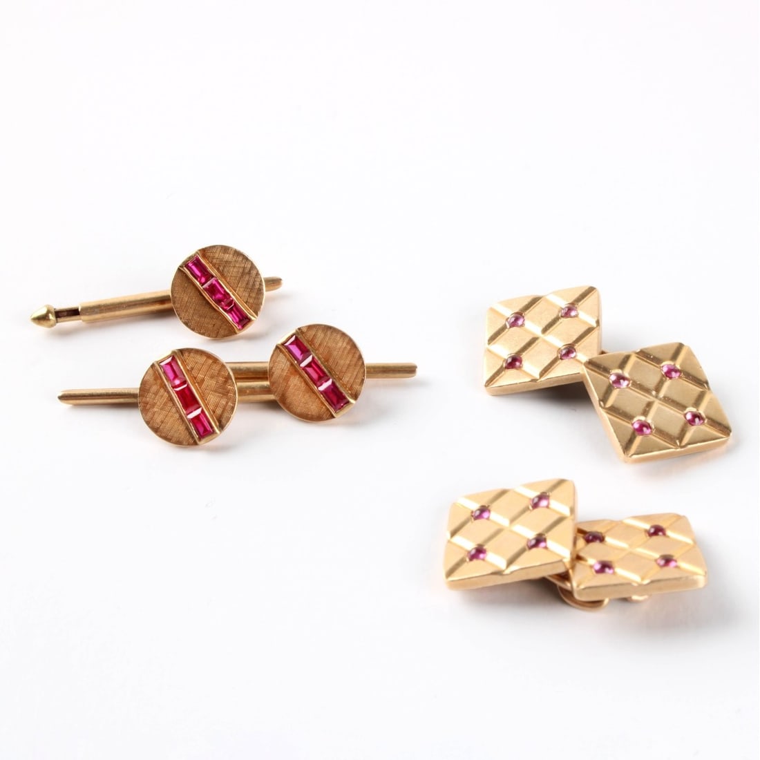 Ruby and 14K Dress Shirt Set: Men's Vintage Round and Baguette Cut Ruby and 14 Karat Yellow Gold Dress Shirt Set Consisting of Cufflinks and Three Shirt Studs. Stamped 14K. Cufflin\ks measure 1/2" sq. Shirt studs measure 3/8" diam