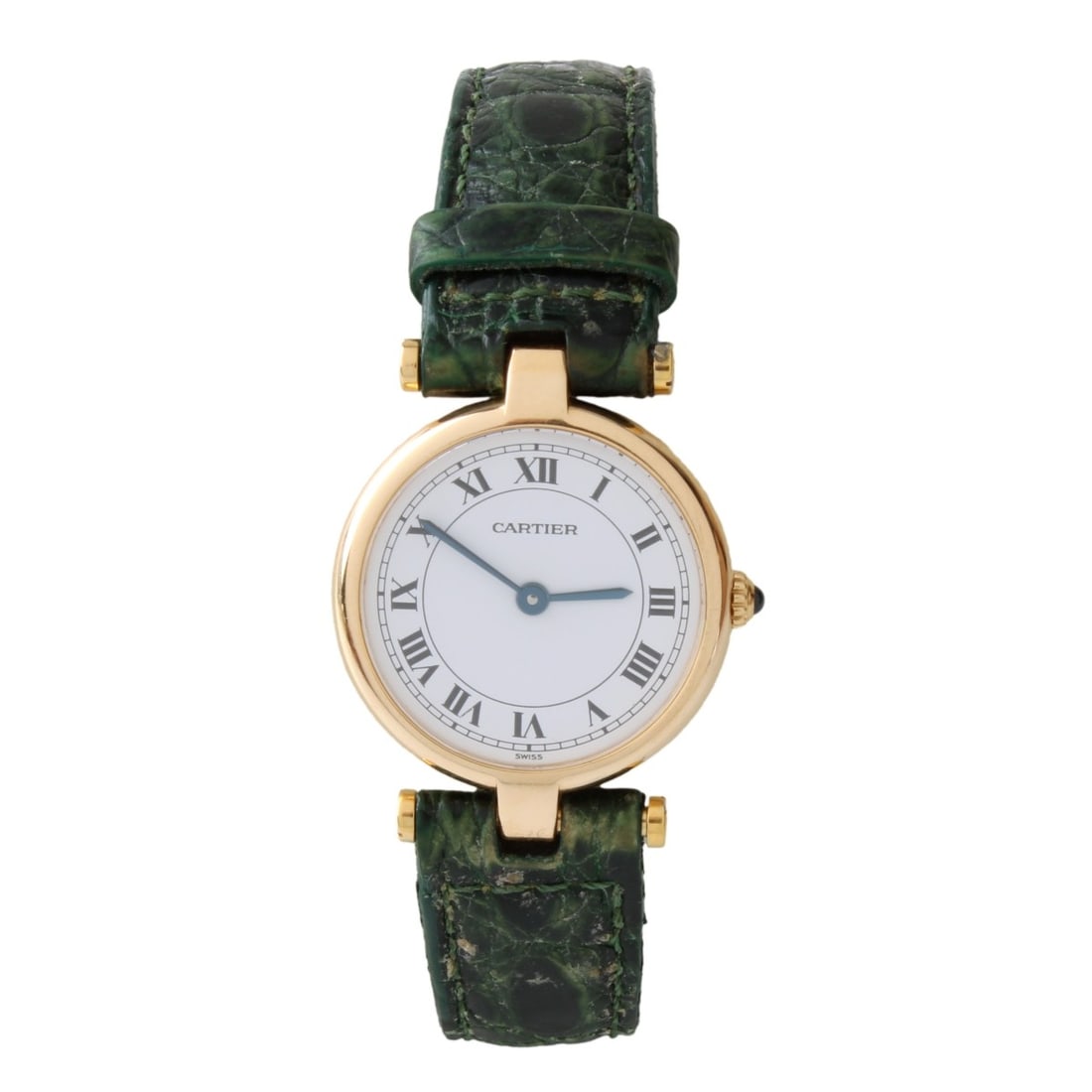 Cartier 18K Watch: Lady's Vintage Cartier Vendome 18 Karat Yellow Gold Watch with Original Green Crocodile Strap. White dial. Swiss movement. Case measures 24mm, strap measures 8-1/4" L. No box or papers. Approx. gross 