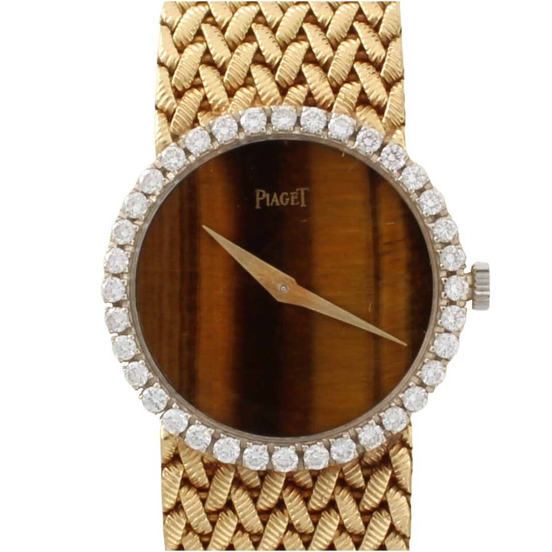 Piaget 18K Bracelet Watch: Lady's Vintage Piaget 18 Karat Yellow Gold Lattice Mesh Link Bracelet Watch with Tiger Eye Dial and Diamond Bezel. Manual wind movement. Case measures 22.5mm, bracelet measures 6-1/2" L (plus one