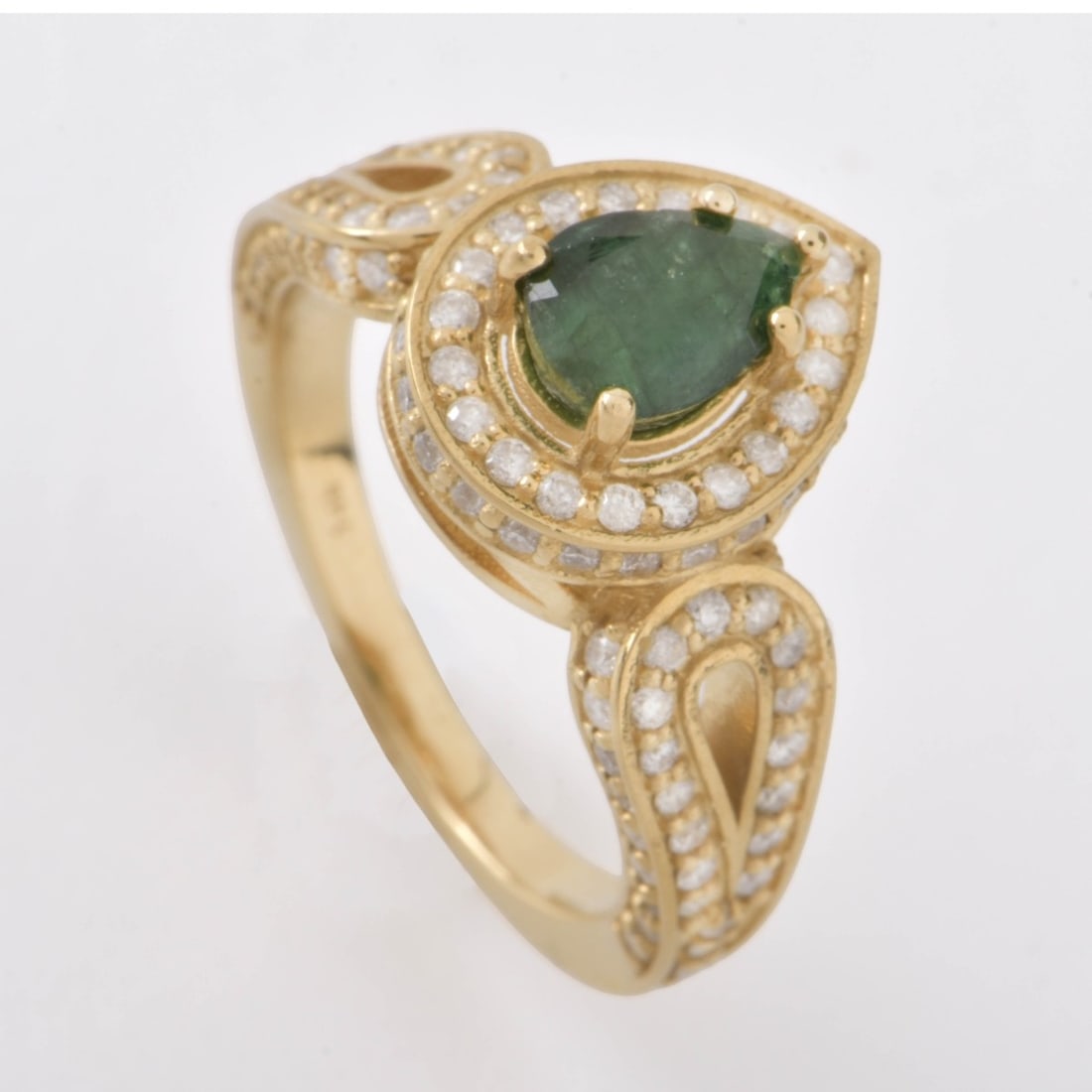 UGS Emerald, Diamond and 14K Ring: United Gemological Services .87 Carat Pear Shape Emerald and 14 Karat Yellow Gold Ring Accented with Small Round Cut Diamonds. Emerald with good color. Ring stamped 14K. Ring size 6. Approx. weight: