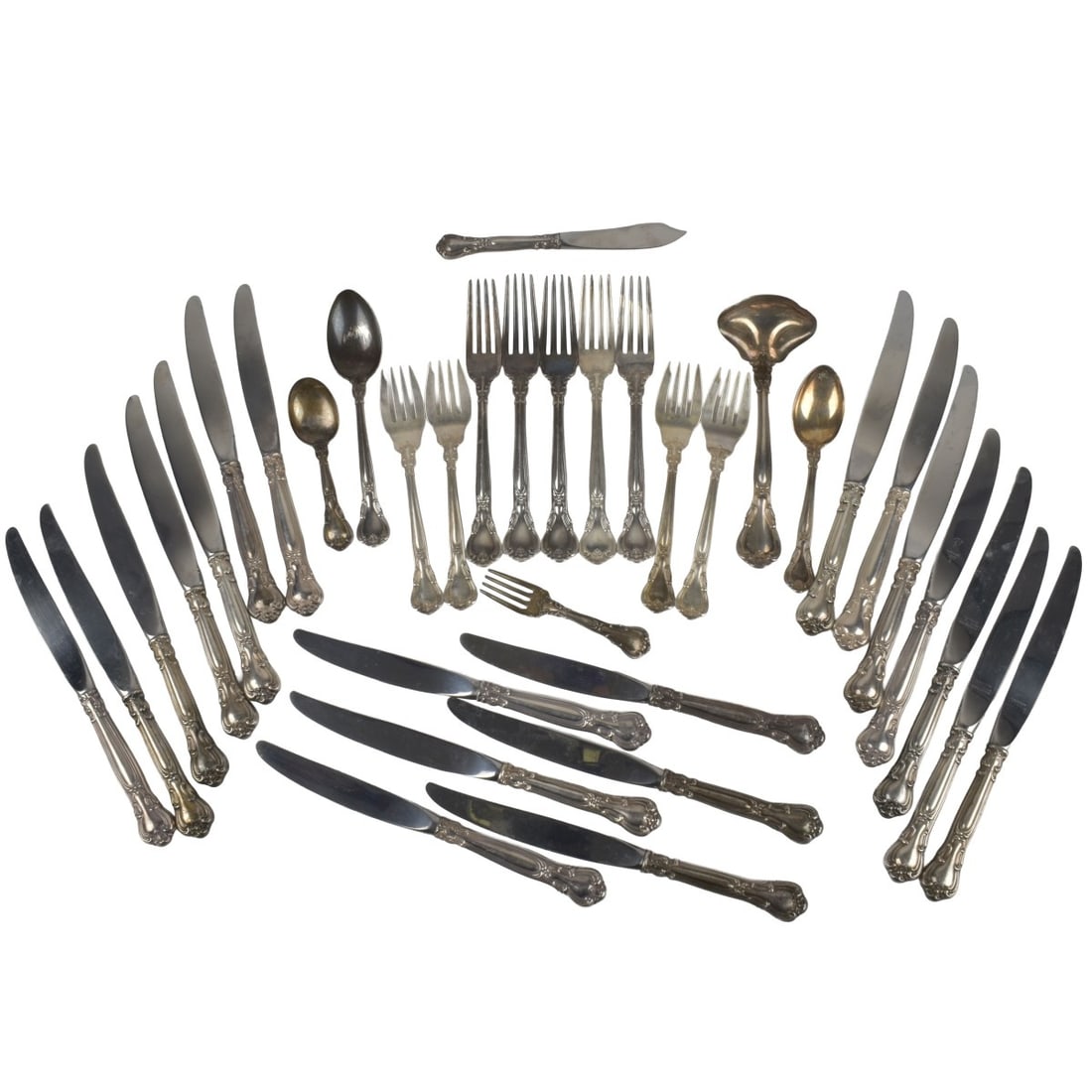 Gorham "Chantilly" Sterling Silver Flatware: Thirty-five (35) Pieces Gorham "Chantilly" Sterling Silver Flatware. Comprising: 20 dinner knives, measures: 9-1/4" long, 5 dinner forks, measures: 7-1/2" long, 4 salad forks, measures: 6-3/8" long, 1