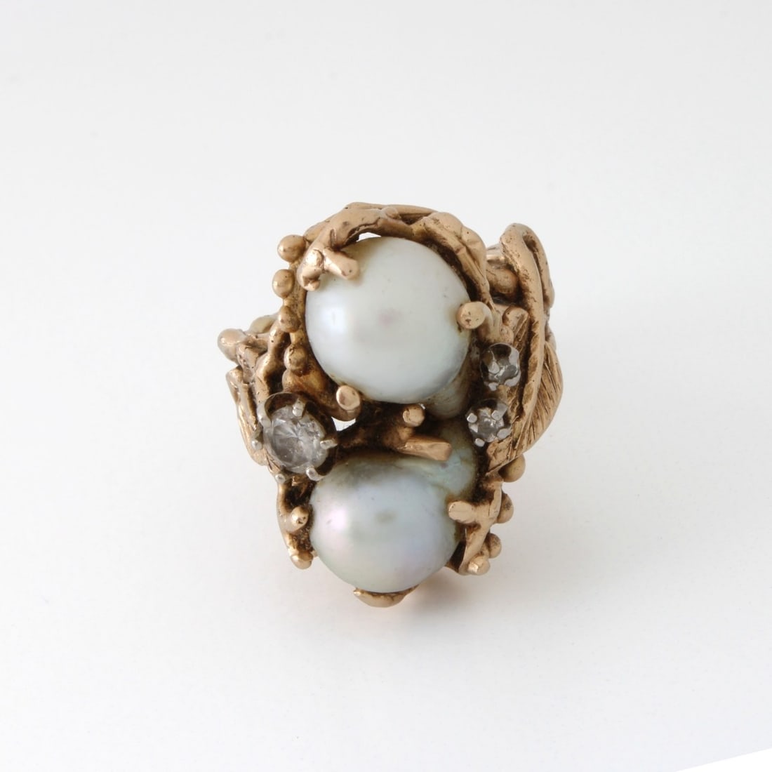 Pearl, Diamond and 14K Ring: Vintage Constantine Baroque Pearl, Round Brilliant Cut Diamond and 14 Karat Yellow Gold Ring. Largest diamond .25 carat, G-H color, VS2 clarity. Signed, stamped 14K. Ring size 5-3/4. Approx. weight: