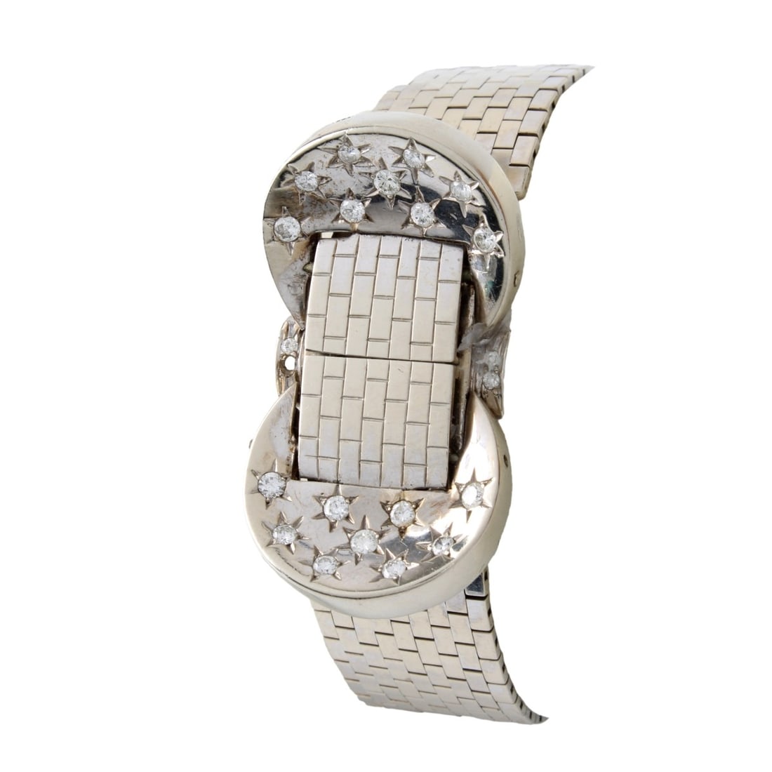 Diamond and 14K Watch: Retro 14 Karat White Gold and Diamond Bracelet with Hidden Flip Top Watch. Wittnauer 17 jewel manual wind movement. Clasp stamped 14K. Bracelet measures 6-1/2" L. Approx. gross weight: 54.58 grams. Ko