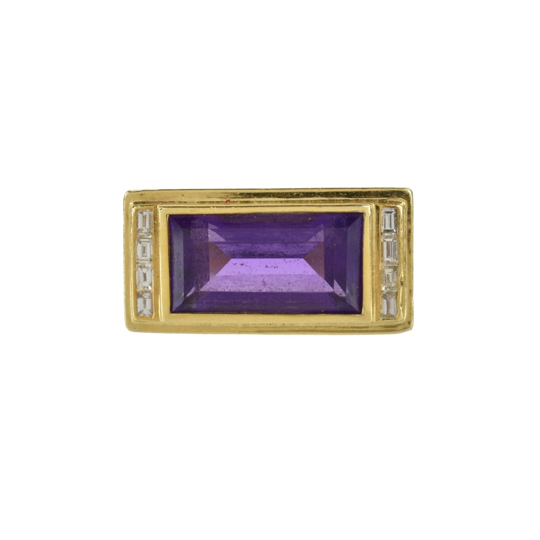 Amethyst, Diamond and 18K Ring: Retro Fine Baguette Cut Amethyst, Small Baguette Cut Diamond and 18 Karat Yellow Gold Ring. Amethyst with vivid color. Stamped 18K 750. Ring size 5. Approx. weight: 17.42 grams. Kodner Galleries