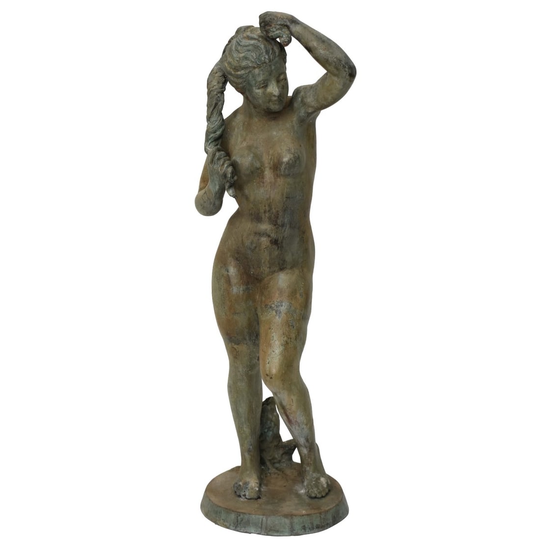 Vintage Verdigris Bronze Sculpture: Vintage Verdigris Bronze Sculpture of a Nude Washing Her Hair with a Short Tree Stump Near her Feet. Measures: 41" high, 14" wide, 9-1/2" deep. Kodner Galleries offers phone and absentee bidding at a