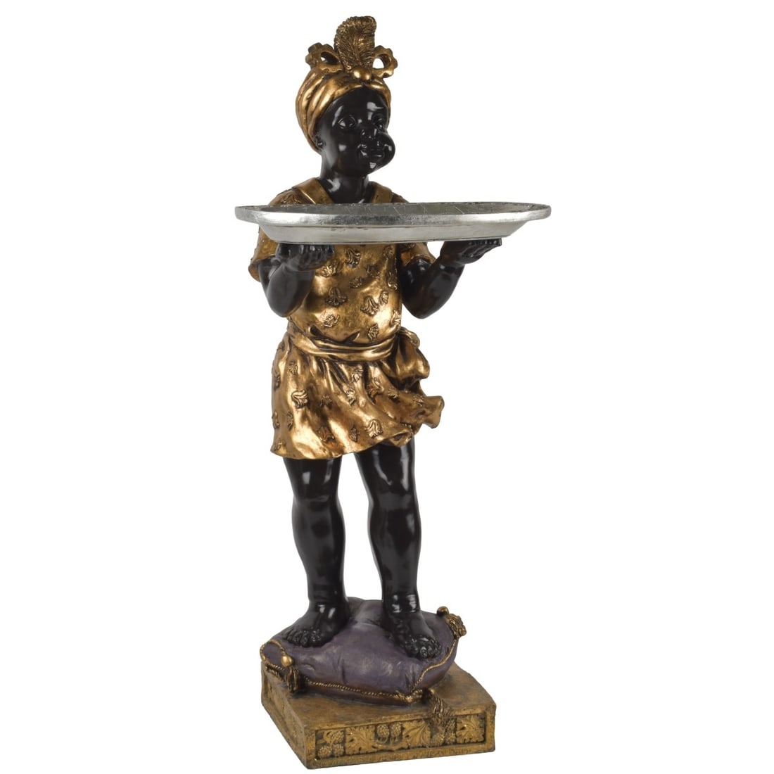 Venetian Blackamoor Tray: Venetian Blackamoor Resin Polychromed Figurative Stand with Removable Tray Modeled as a Young Boy Wearing a Turban. Measures: 36" high, 15" wide, 15" deep. Kodner Galleries offers phone and absentee