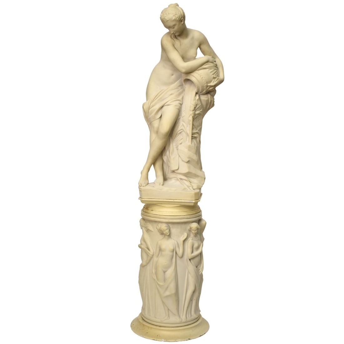 Art Nouveau Bathing Beauty Sculpture: Art Nouveau Reconstituted Marble Sculpture of a Bathing Beauty with Stand. Measures: 52" high, 13" wide, 9-1/2" deep. Kodner Galleries offers phone and absentee bidding at a low, flat 21% buyer?s prem