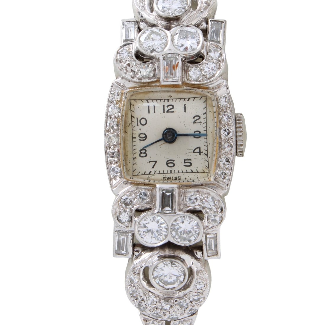 Deco Platinum and Diamond Watch: Art Deco Lady's Platinum and Diamond Bracelet Watch. Approx. 4.50 carat TW diamonds F-G-H color, VS1-VS2 clarity. Manual wind movement. Measures 6-1/2" L. Approx. gross weight: 26.45 grams. Kodner