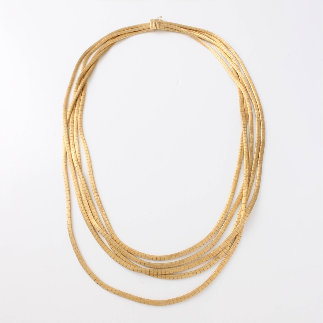 18K Necklace: Vintage Italian 18 Karat Yellow Gold Five Strand Herringbone Design Necklace. Stamped 750. Measures 17-1/2" L. Approx. weight: 46.5 grams, Kodner Galleries offers phone and absentee bidding at a low,
