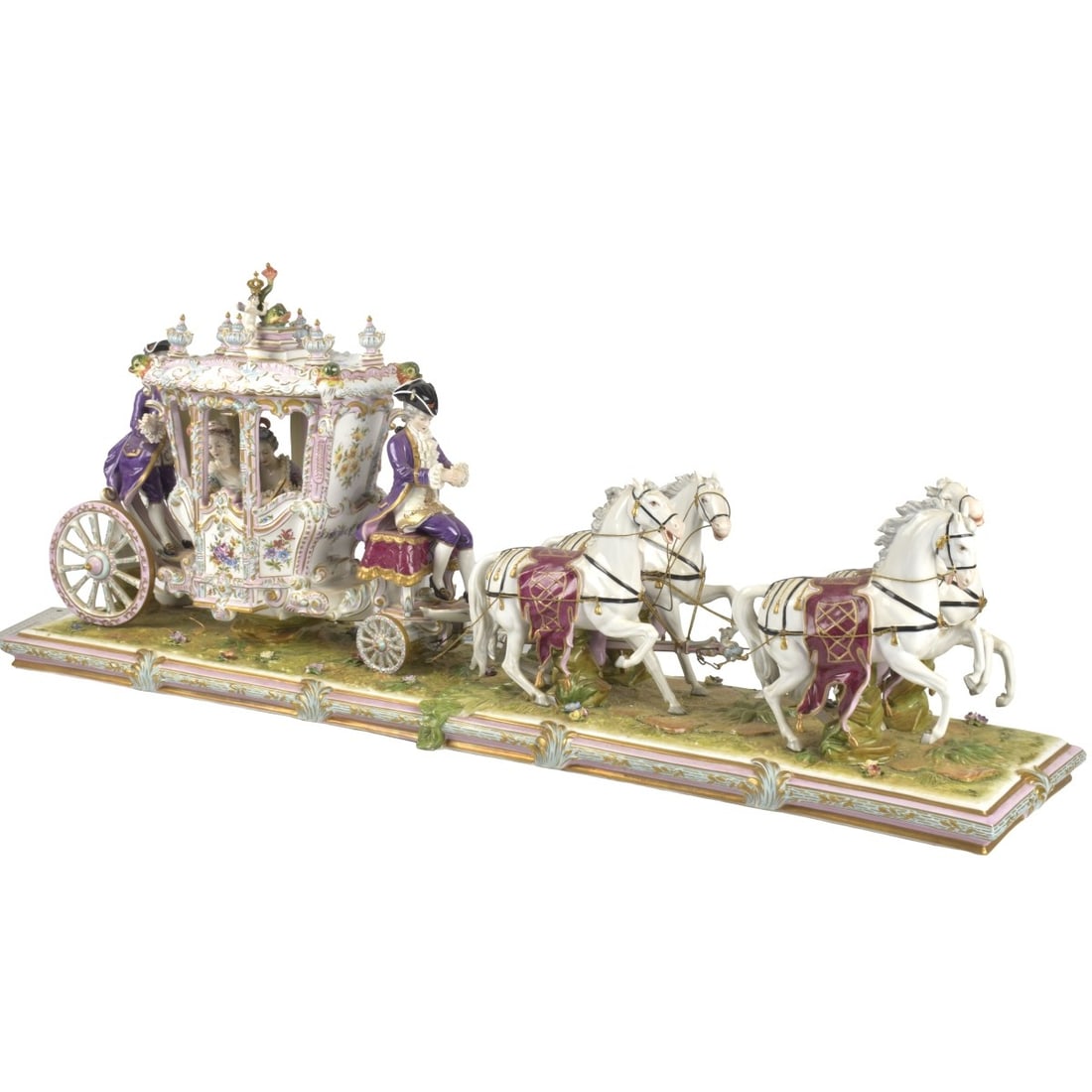 German Rudolstadt Volkstedt: Large Antique Two Piece Volkstedt Dresden Germany Porcelain Lace Group. 20th century. Depicting four white horses pulling a carriage with two coachmen, lady seated in the interior of the carriage, all