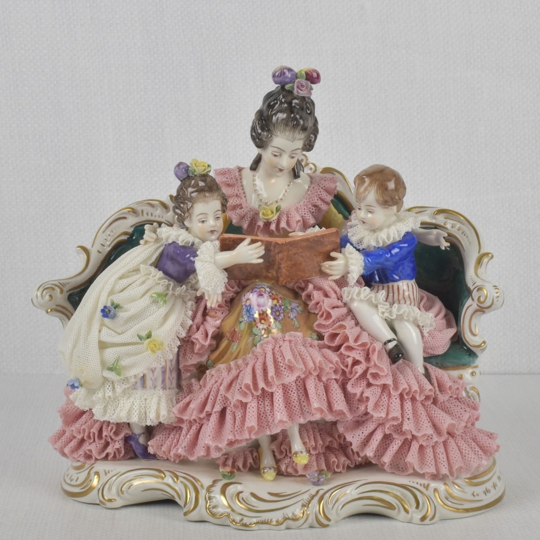 German Rudolstadt Volkstedt Sculpture: German Rudolstadt Volkstedt Porcelain Lace Sculpture. Properly marked to the underside. Measures: 8-1/4" high, 8-1/2" wide, 5-1/2" deep.Kodner Galleries offers phone and absentee bidding at a low, fla