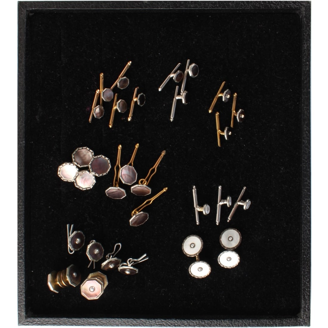 Dress Shirt Sets: Men's Assorted Gold Tone and Silver Tone Dress Shirt Sets Accented with Black Mother of Pearl and Seed Pearls. Some signed Krementz. Kodner Galleries offers phone and absentee bidding at a low, flat