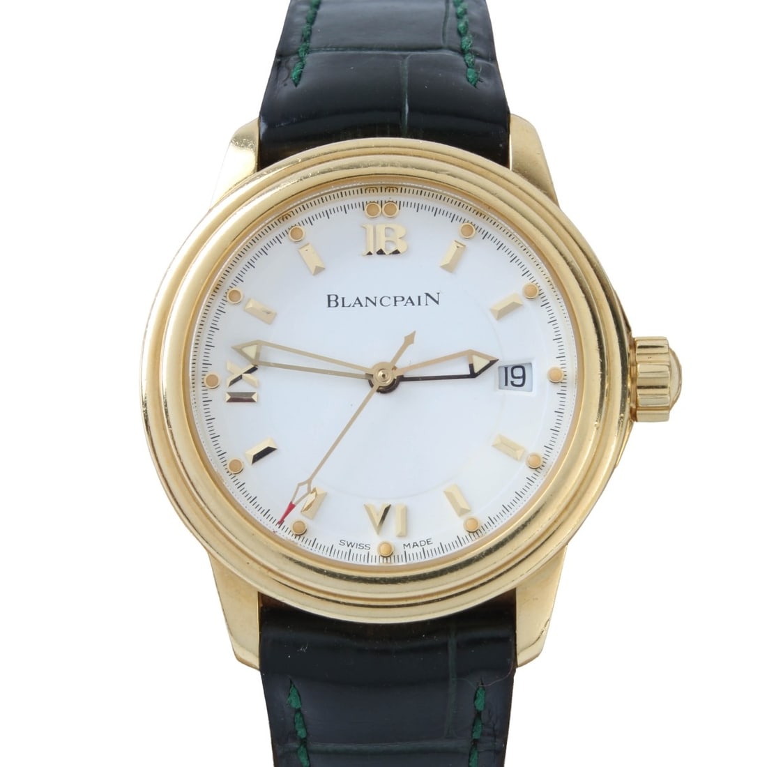 Blancpain 18K Watch: Lady's Vintage Blancpain 18 Karat Yellow Gold Watch, White Dial, Leather Strap Bracelet with 18K Buckle. Automatic movement. Case measures 29mm. Case back numbered No. 188. Strap bracelet measures 8"