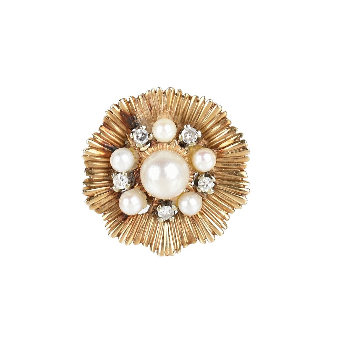Diamond, Pearl and 14K Ring: Vintage Five Small Round Cut Diamond, Pearl and 14 Karat Yellow Gold Ring. Largest pearl measures 7mm. Ring size 6. Approx. weight: 10.85 grams. Kodner Galleries offers phone and absentee bidding at