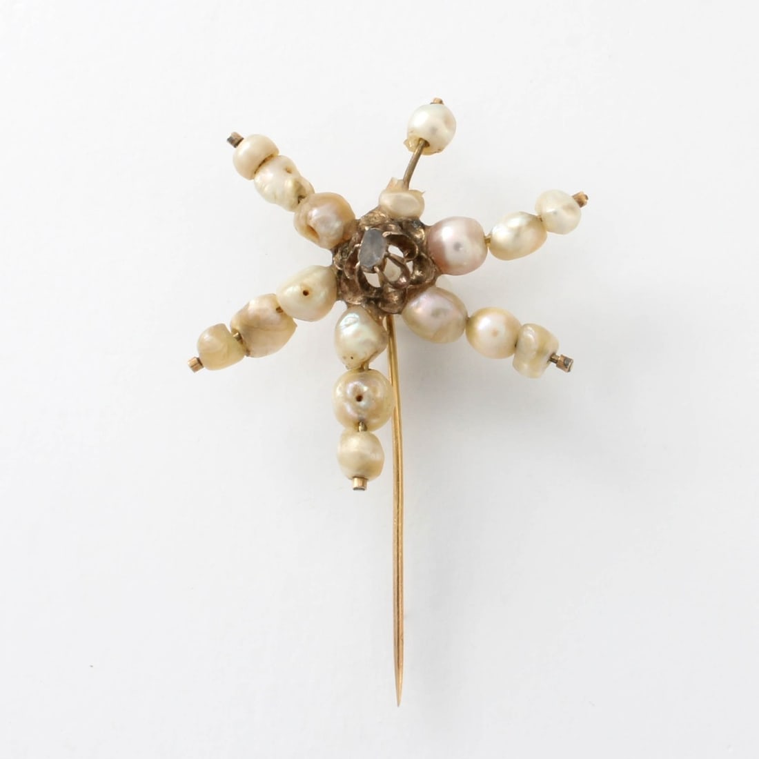 Pearl, Diamond and 14K Pin: 19th Century Natural Pearl, Rose Cut Diamond and 14 Karat Yellow Gold Pin. Measures 2-3/8" L, 1-3/8" W. Approx. weight: 5.33 grams. Kodner Galleries offers phone and absentee bidding at a low, flat