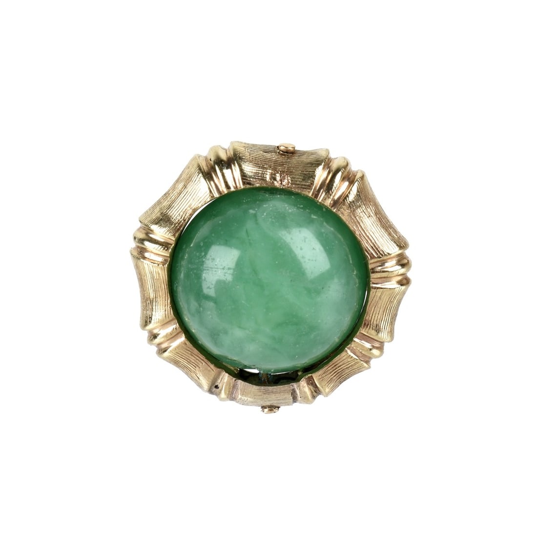 Chrysoprase and 14K Ring: Vintage Ball Shape Chrysoprase and 14 Karat Yellow Gold Ring. Stamped 14K. Ring size 5. Approx. weight: 12.95 grams. Kodner Galleries offers phone and absentee bidding at a low, flat 21% buyer?s