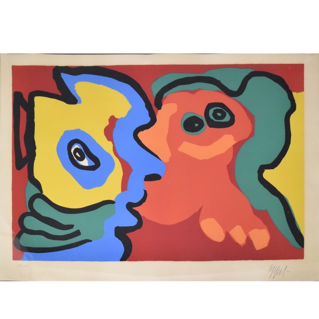 Karel Appel, Dutch (1921-2006): Karel Appel, Dutch (1921-2006) "Smiling in the Sun" (from the Sunshine People, 1974) Abstract Figurative Color Lithograph on Paper. Limited edition of 110, signed and numbered "109/110" in pencil lowe