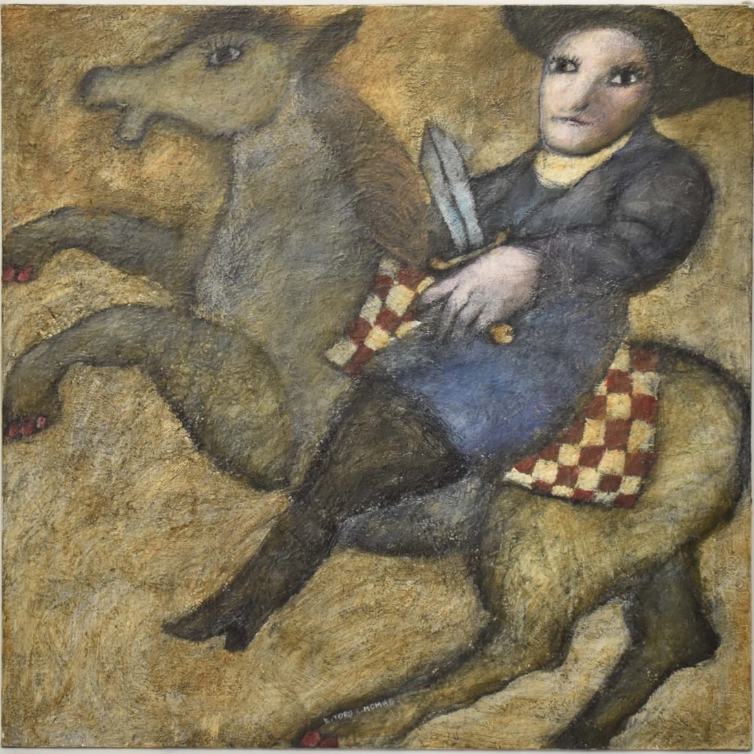 Oil on Canvas Painting: Oil on Canvas Painting. Unframed. Depicting a stylized man on a horse holding a large knife. Artist signed. Measures: 39-1/4" high, 39-1/4" wide. Kodner Galleries offers phone and absentee bidding at 