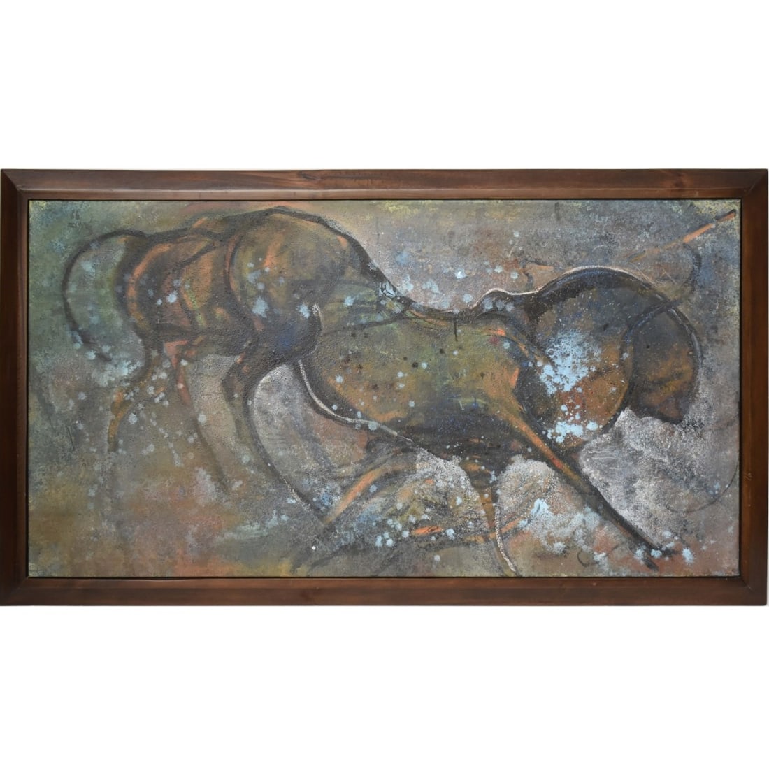 Oil on Canvas Painting: Oil on Canvas Painting. Unframed. Depicting a stylized running bull. Illegible signed artist and titled en verso. Stretcher measures: 31-1/2" high, 59" wide, frame measures: 36-1/2" high, 64" wide. Ko