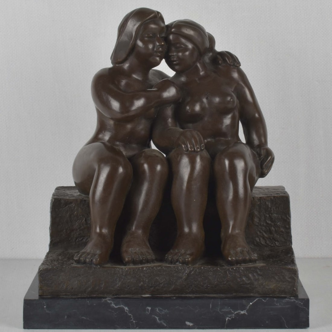 After: Fernando Botero, Colombian (1932-2023): After: Fernando Botero, Colombian (1932-2023), Bronze Sculpture on Marble Base, Seated Couple. Bears signature. Measures (with base): 13" H, 11-1/2" W, 8-1/8" D. Kodner Galleries offers phone and
