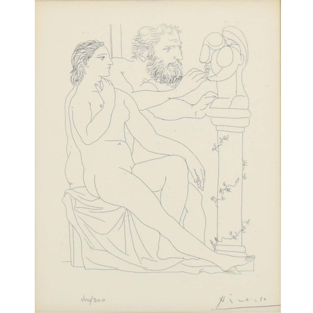 Pablo Picasso, Spanish (1881-1973): Pablo Picasso, Spanish (1881-1973) "The Model and Sculptor" Lithograph from the Vollard Series. Signed in the plate and numbered "160/300" in pencil. Framed under Plexiglass. Wentworth Gallery label t