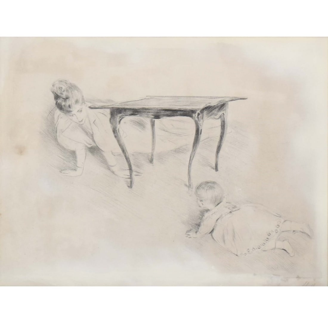 Paul Cesar Helleu, French (1859-1927): Paul Cesar Helleu, French (1859-1927) "Mother and Child" Drypoint Etching on Paper. Framed under Plexiglass. Signed bottom right hand corner. Image area measures: 12-1/2" high, 16" wide, frame measure