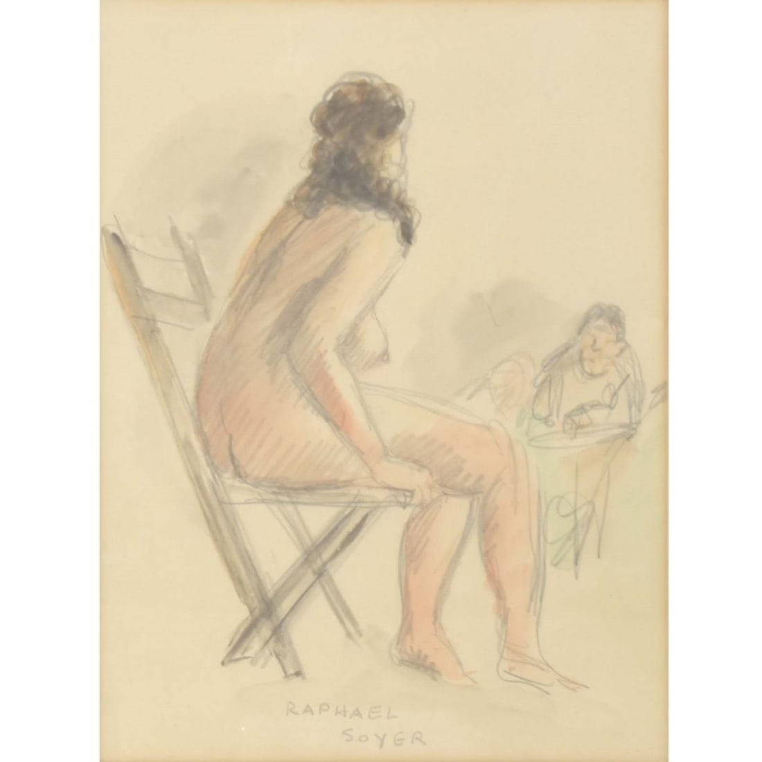 Raphael Soyer, American (1899-1987): Raphael Soyer, American (1899-1987) Gouach and Pencil Sketch of a Sitting Nude Female. Framed under Plexiglass. Signed "Raphael Soyer" bottom center. Viewing area measures: 9" high 7" wide, frame meas
