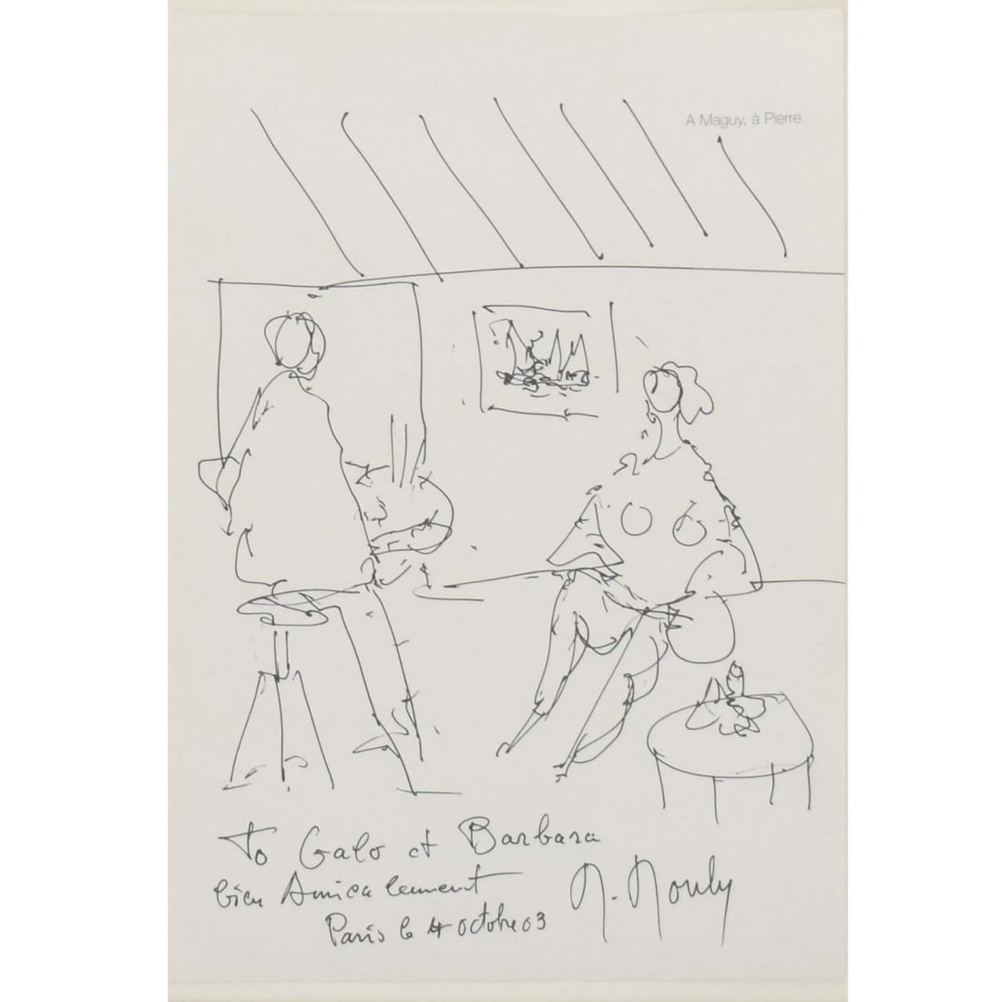 Marcel Mouly, French (1918-2008): Marcel Mouly, French (1918-2008), Ink on Paper Sketch of a Painter and Female Nude Model with Dedication. Framed under glass. Sheet size measures: 12-3/4" high, 9" wide, frame measures: 25" high, 22" 