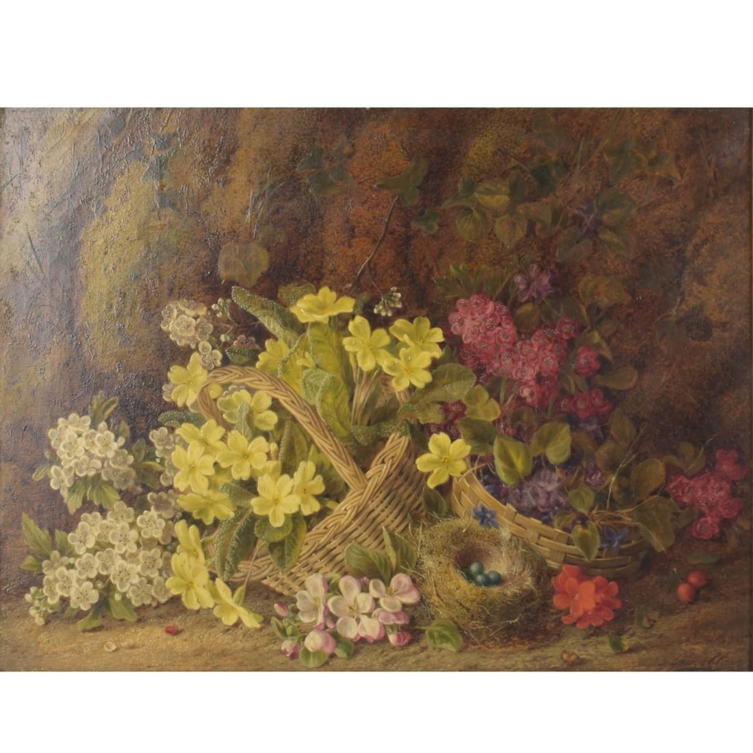 George Clare, British (1835-1900): George Clare, British (1835-1900) Still Life of Flowers in Baskets. Oil on canvas. Framed. Artist signed bottom right hand corner with attached plaque to frame. Image area measures: 17-1/2" high, 23-3