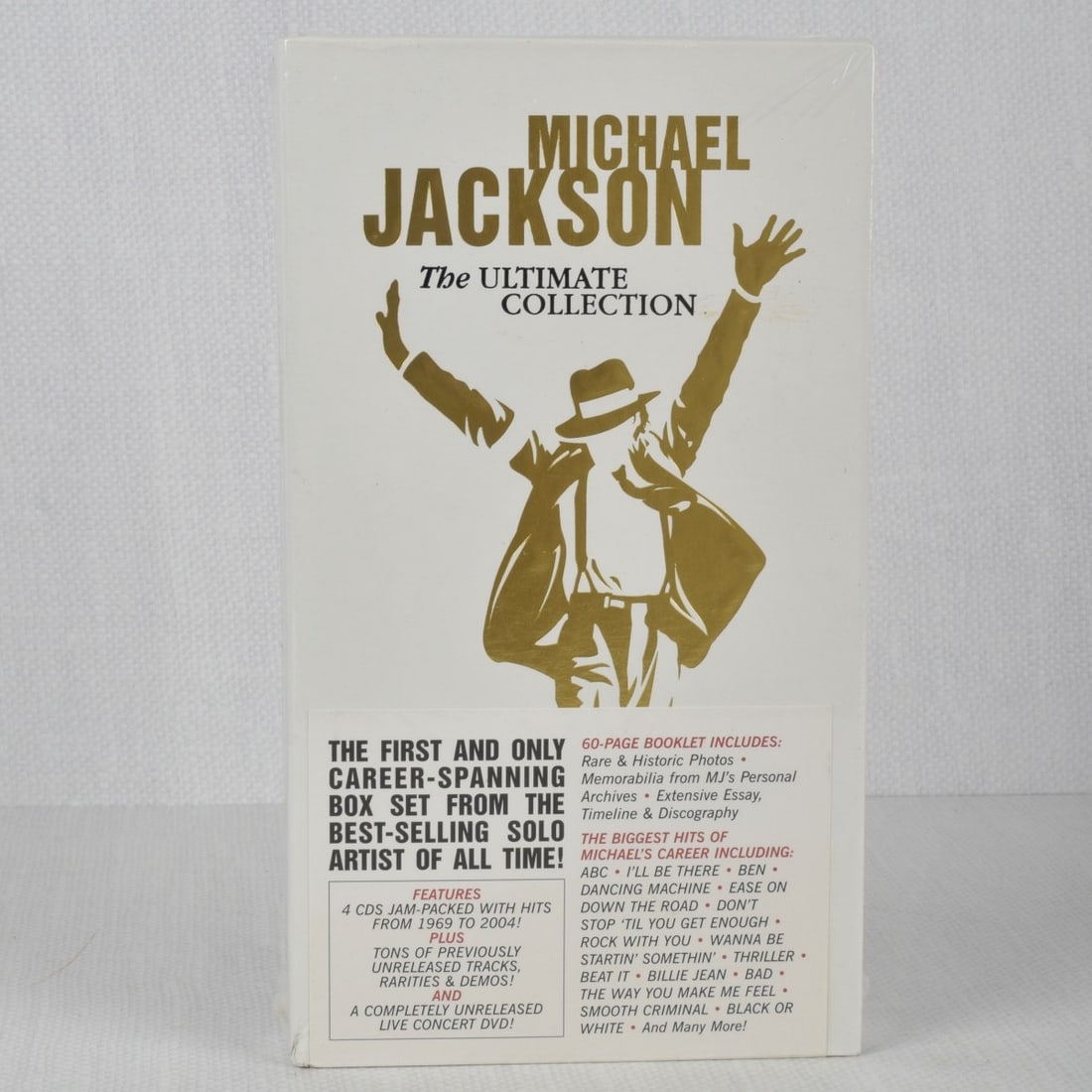 Michael Jackson Box Set: Michael Jackson "The ULTIMATE COLLECTION" 2004 Box Set. Unopened. Box measures: 1" high, 10" wide,5-3/4" deep. Kodner Galleries offers phone and absentee bidding at a low, flat 21% buyer?s premium
