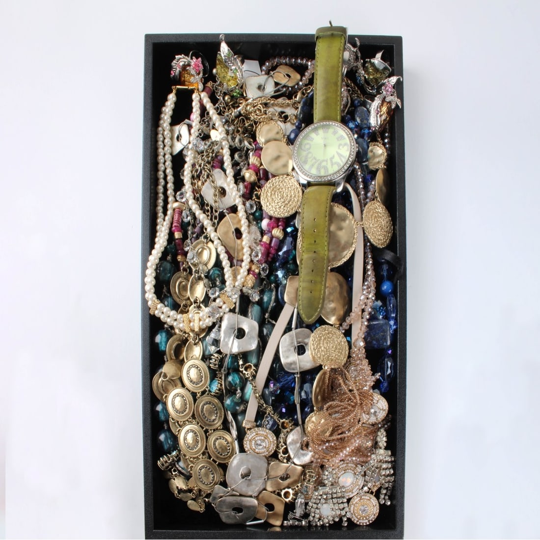 Fashion Jewelry: Tray Lot of Vintage Fashion Jewelry. To include mostly necklaces, a few rings, one quartz watch and a couple of pairs of rhinestone earrings. Variously accented with faux pearls, faux gemstones,