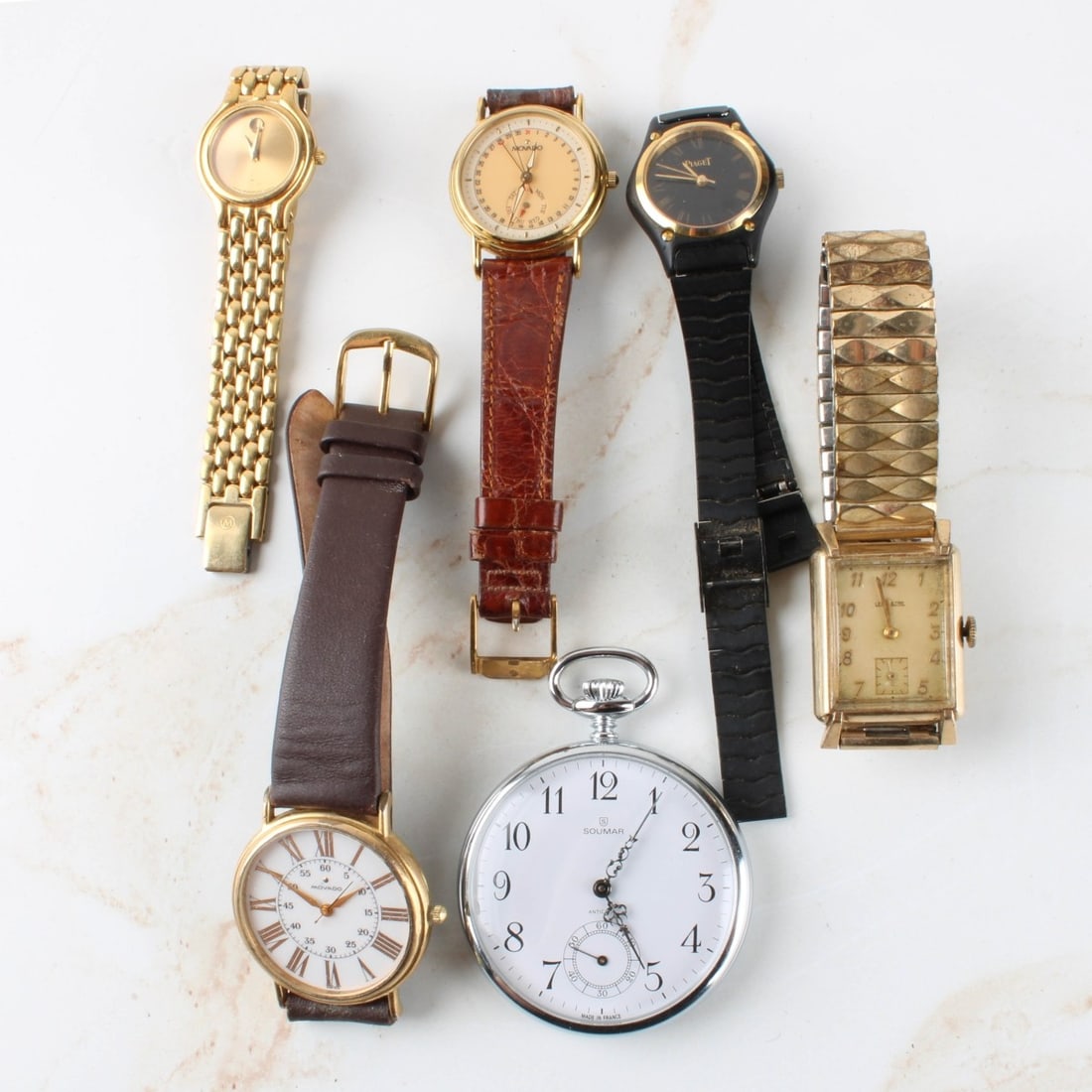 Vintage Collection of Timepieces: Vintage Collection of Six (6) Timepieces. Consisting of five (5) wrist watches. Kodner Galleries offers phone and absentee bidding at a low, flat 21% buyer?s premium without surcharge or hidden fees.