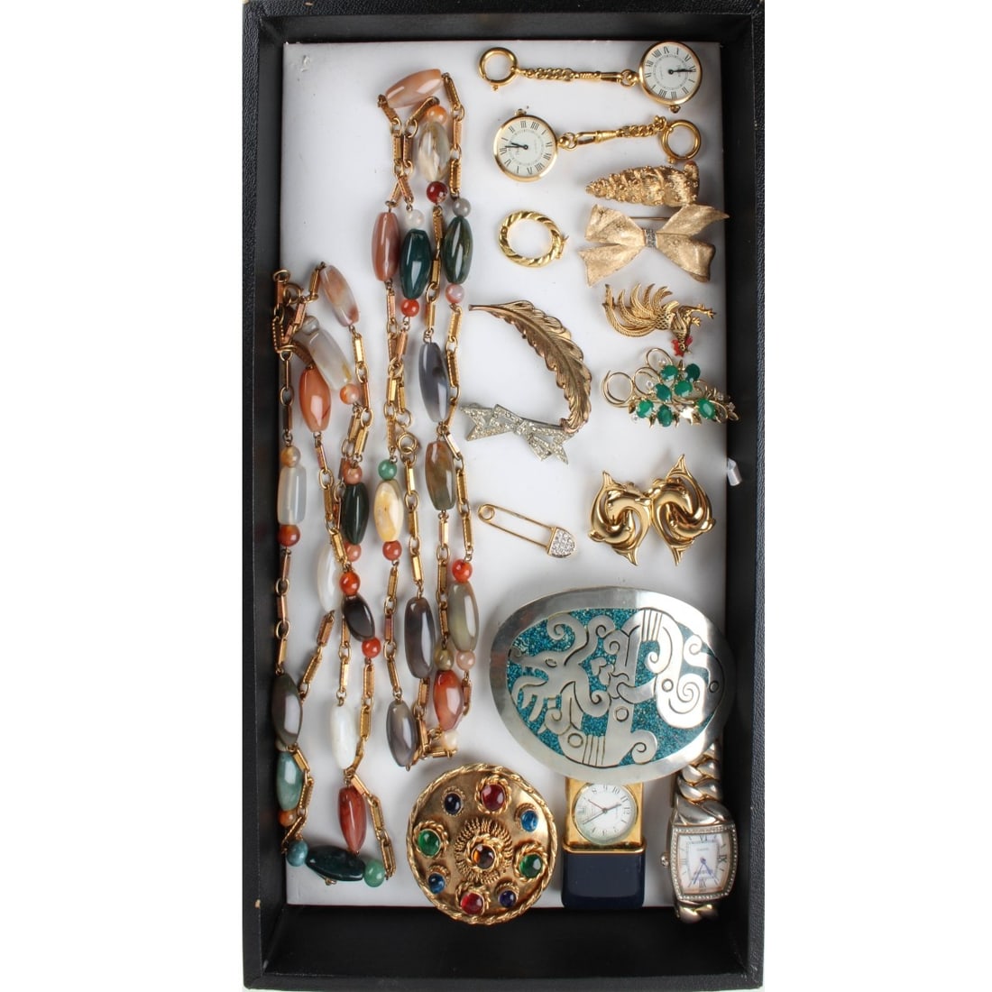 Tiffany Travel Clock: Tiffany Travel Clock along with Costume Jewelry Pieces. Including belt buckle, watches, stop watches, earrings, brooches, ring and necklaces. Some pieces with semi-precious stones and faux diamonds.