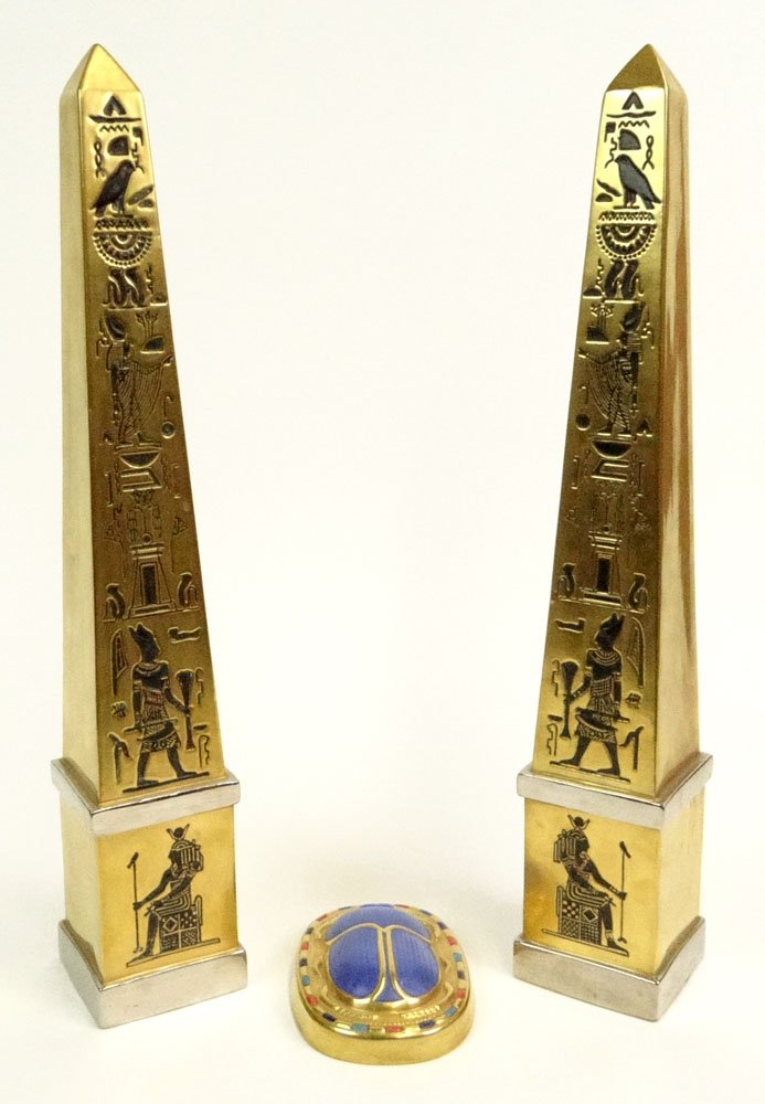 Pair of Circa 1970's American Boehm Gilt Porcelain: Pair of Circa 1970's American Boehm Gilt Porcelain Egyptian Obelisks Together with a 1970's Boehm Porcelain Egyptian Scarab. Signed, Obelisks Numbered 186A and 186B. Also Signed "Egypt Salutes The Uni