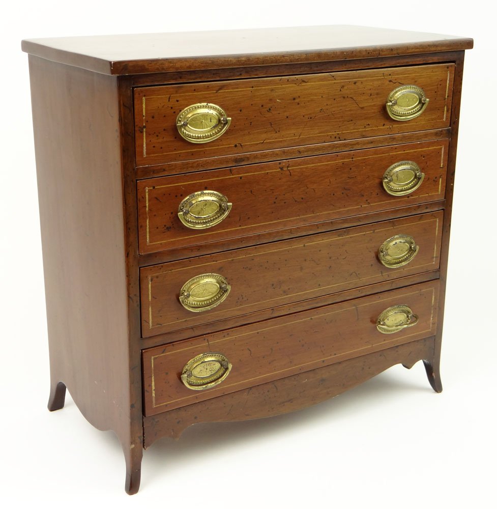 20th Century Miniature Mahogany Hepplewhite Four (4): 20th Century Miniature Mahogany Hepplewhite Four (4) Drawer Chest of Drawers with Scalloping Skirt and Bracket Feet. Unsigned. Good to Very Good Condition. Measures 12 Inches Tall, 12 Inches Wide and 