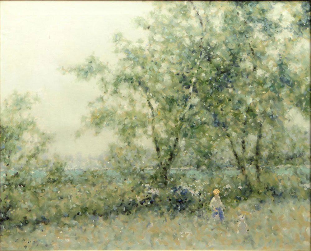 André Gisson, American (1921-2003) Oil on Canvas: André Gisson, American (1921-2003) Oil on Canvas "Landscape with Two Figures". Signed Lower Left. Good Condition. Measures 24 Inches Tall and 30 Inches Wide, Frame Measures 30 Inches Tall and 35-7/8