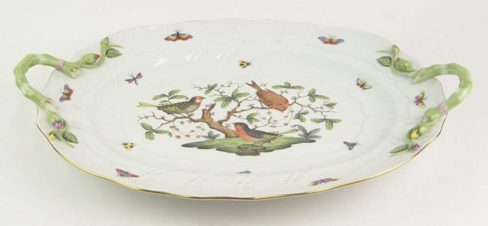 Hungarian Herend Painted Porcelain Large Serving: Hungarian Herend Painted Porcelain Large Serving Platter with Handles in the "Rothschild Bird" Pattern. Signed Blue Backstamp and Hand Painted. Very Good to Excellent Condition, Shows Little Wear if A