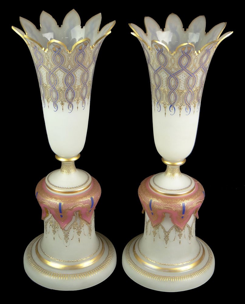 Pair of Fine 19th Century French Opaline Persian: Pair of Fine 19th Century French Opaline Persian Influenced Pink and Blue Opaline Glass Pedestal Vases with Gilt Decoration in Three (3) Parts. Unsigned. Crack to Base, Chip to Other Base, Bottom of O