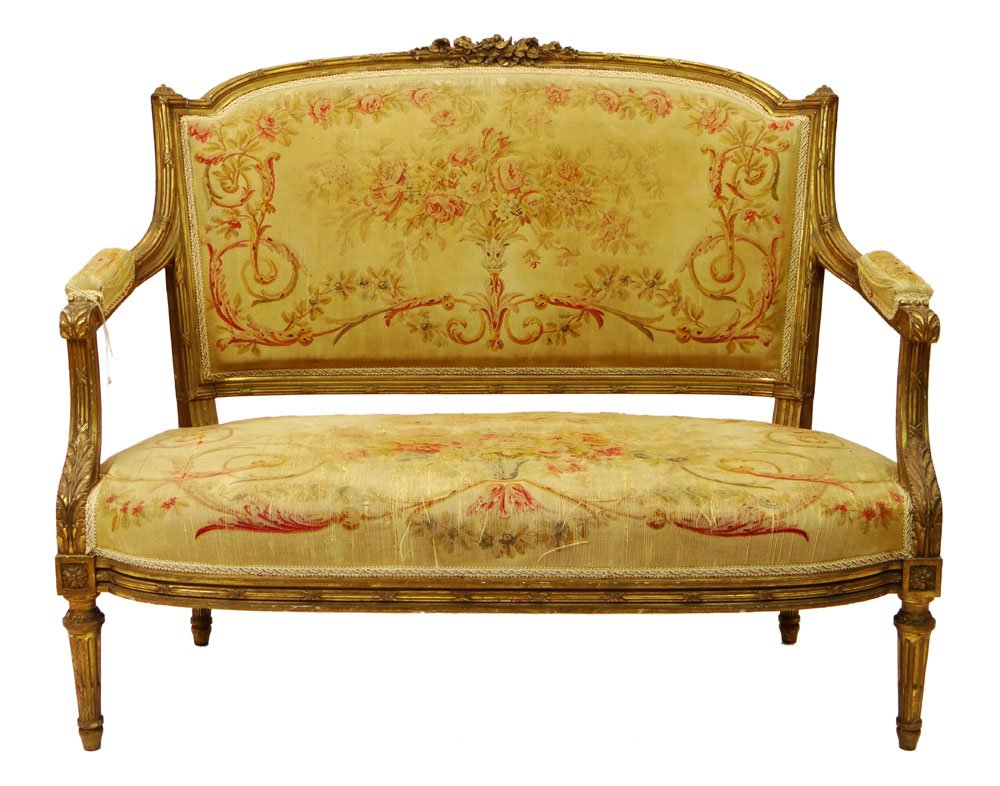 Finely Carved 19th Century French Louis XVI-style Gilt: Finely Carved 19th Century French Louis XVI-style Gilt Wood Canapé with Aubusson Tapestry Upholstery. Unsigned. Minor Losses to Carving, Rubbing and Minor Losses to Gilding and Deterioration to Uphol
