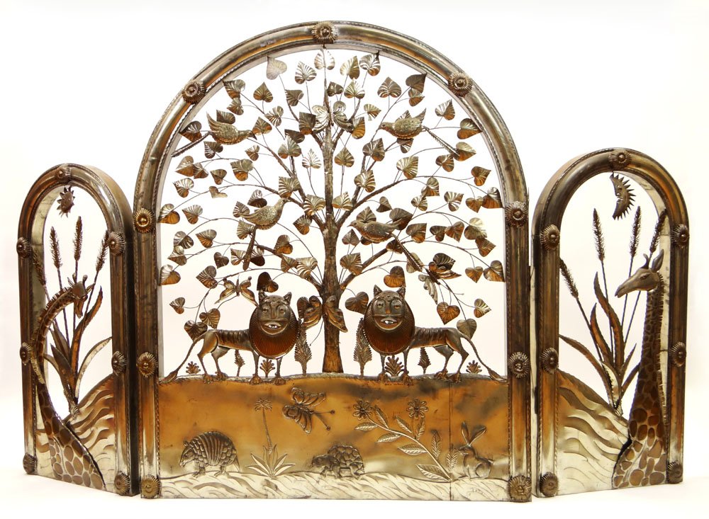 Sergio Bustamante Mexican-American (born1942- ) Limited: Sergio Bustamante Mexican-American (born1942- ) Limited Edition Three (3) Section Mixed Metal Fireplace Screen Decorated with Animals of all Types. Signed Sergio Bustamante and Limted Edition 18/100. 