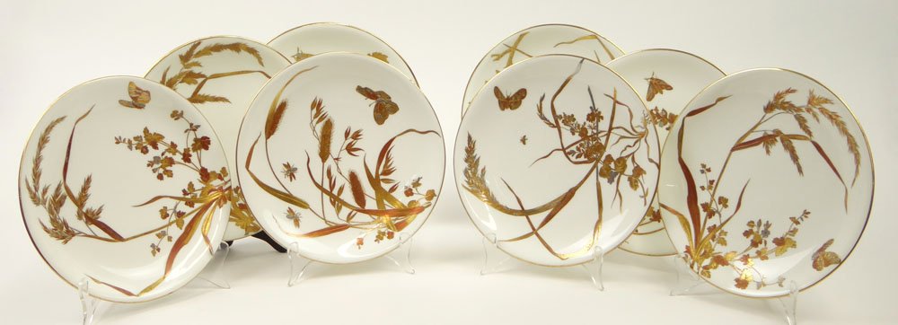 Eight (8) Early 20th Century English Mintons Raised: Eight (8) Early 20th Century English Mintons Raised Enamels Porcelain Luncheon Plates in the "S3622" Pattern. Signed Mintons (logo), Impressed Mark and New York Retailer's Mark. Shows Some Wear Otherw