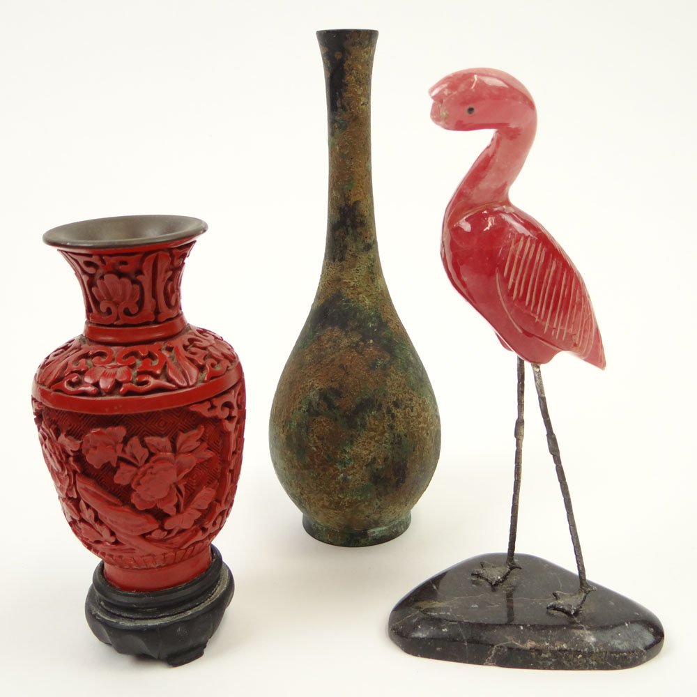 Vintage Miniature Carved Cinnabar style Lacquer Vase,: Vintage Miniature Carved Cinnabar style Lacquer Vase, an Antique style Miniature Bronze Bottle Vase and a Carved Rose Quartz Standing Bird with Silver Legs and Soapstone Base. Unsigned. Bird Lacking B