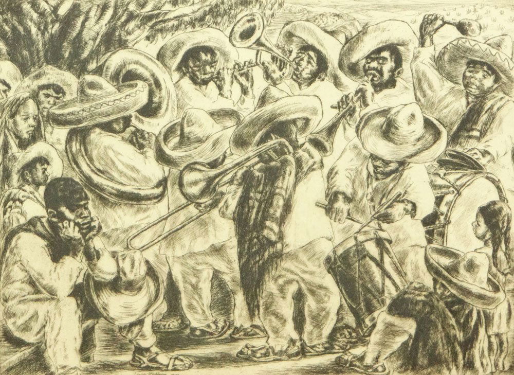 Circa 1936 Irwin D. Hoffman American New York: Circa 1936 Irwin D. Hoffman American New York (1901-1989) Etching "Mexican Folk Band". Signed in Pencil Lower Right, Signed and Dated within Plate and Titled Lower Left. Good Condition or Better. Meas